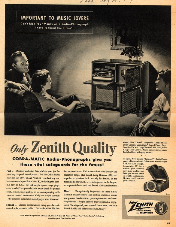 Only Zenith Quality Cobra-Matic Radio-Phonographs...