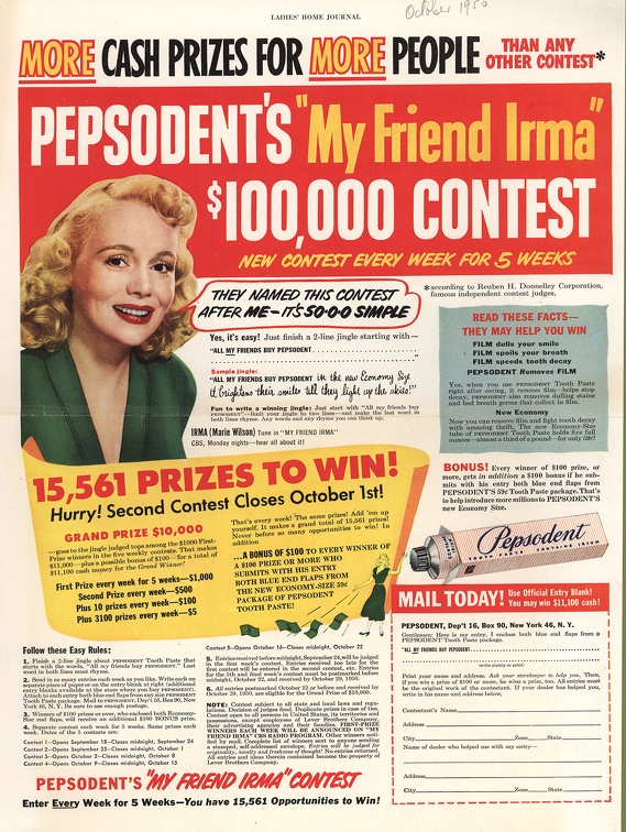 Pepsodents My Friend Irma $100,000 Contest